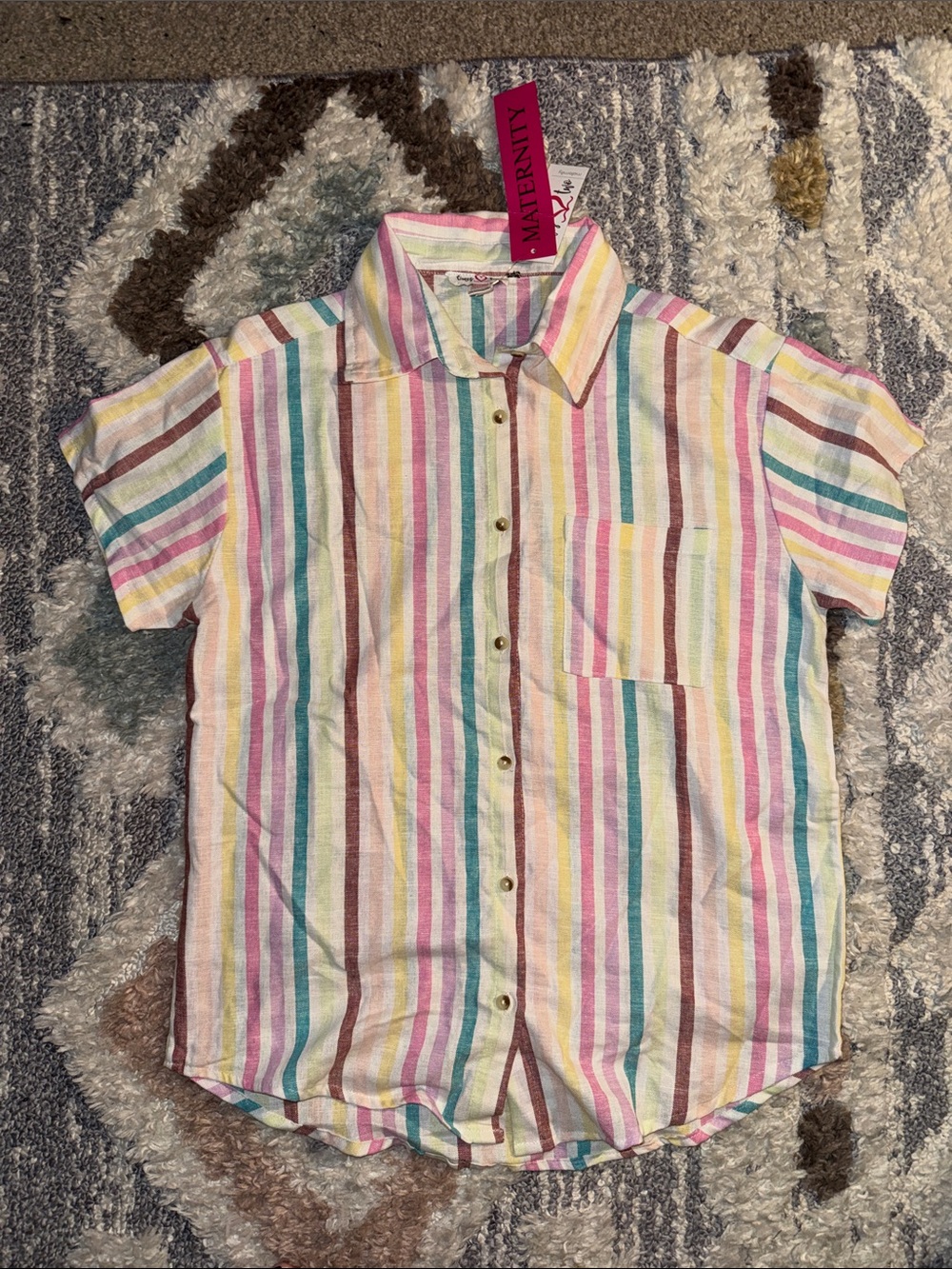 Times Two Maternity Pastel Multi-Striped Short Sleeve Button-Down Shirt